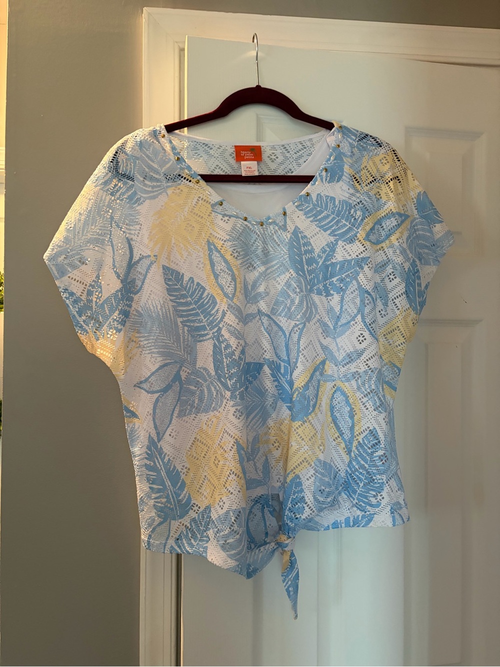 Hearts of Palm Blue & Yellow Leaf Print Short Sleeve Top